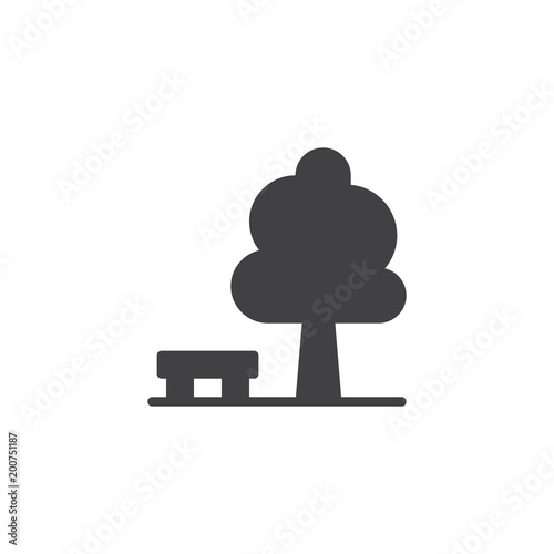 Deciduous tree and a bench vector icon. filled flat sign for mobile concept and web design. Park simple solid icon. Symbol, logo illustration. Pixel perfect vector graphics
