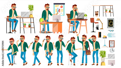 Business Man Character Vector. Hipster Working People Set. Office, Creative Studio. Worker. Full Length. Programmer, Designer, Manager. Poses, Face Emotions. Cartoon Business Character Illustration