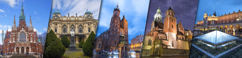 Collage of Krakow top sightseeing: St Mary's Basilica (Mariacki Church) , Wawel castle and cathedral, Cloth Hall in old town square , Juliusza Slowacki Theater , Church Joseph (Parish of St. Joseph)