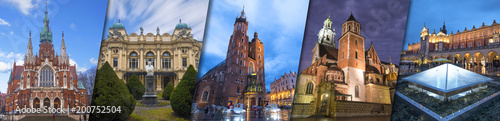 Collage of Krakow top sightseeing: St Mary's Basilica (Mariacki Church) , Wawel castle and cathedral, Cloth Hall in old town square , Juliusza Slowacki Theater , Church Joseph (Parish of St. Joseph)