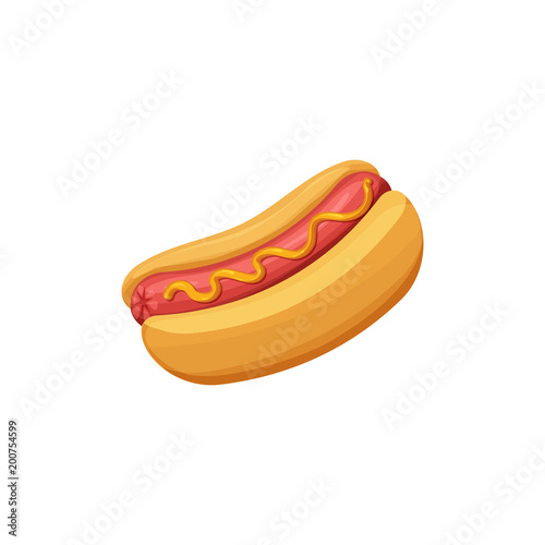 Vector hot dog with mustard isolated on white background.