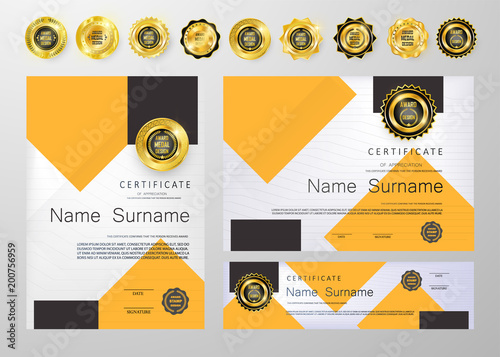Qualification Certificate of appreciation design. Luxury vip and modern Certificate pattern, best quality award medal template, gold tapes, shapes, set of 6 medals types. Vector illustration. EPS 10.