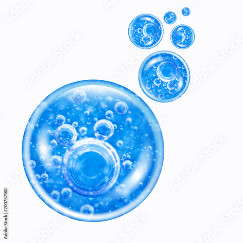 Bubbles air inside a large blue water bubble and small bubbles around isolated on white background