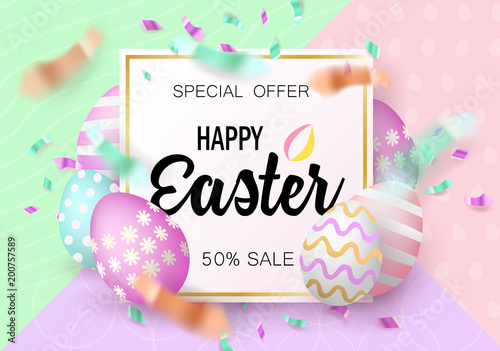 Easter eggs sale banner isolated on colorful background. Modern style template Happy Easter inscription with confetti. Shiny holiday design can be used on banners, flyers, web. Vector illustration.  © Ilya