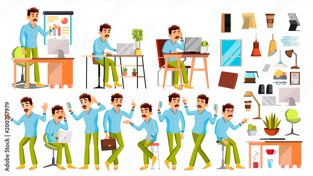 Business Man Character Vector. Working People Set. Office, Creative Studio. Worker. Full Length. Programmer, Designer, Manager. Poses, Face Emotions. Cartoon Business Character Illustration