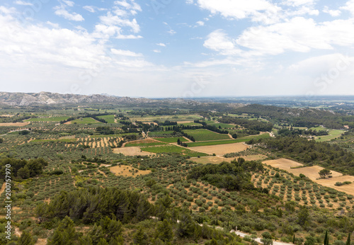 Panoramic view on Luberon valley from the famous Les Baux de Provence medieval village in Southern France