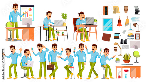 Business Man Character Vector. Working People Set. Office, Creative Studio. Worker. Full Length. Programmer, Designer, Manager. Poses, Face Emotions. Cartoon Business Character Illustration