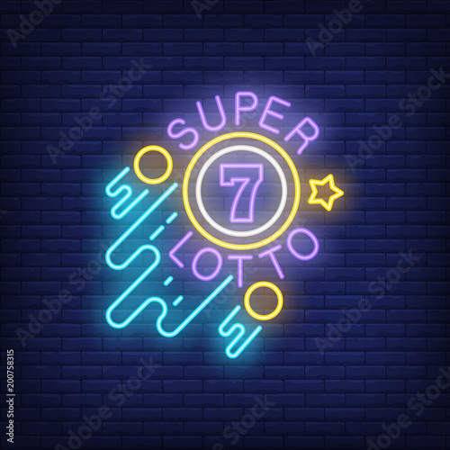 Super lotto neon sign. Ball with figure of seven, circles and star on brick wall background. Night bright advertisement. Vector illustration in neon style for lottery banner