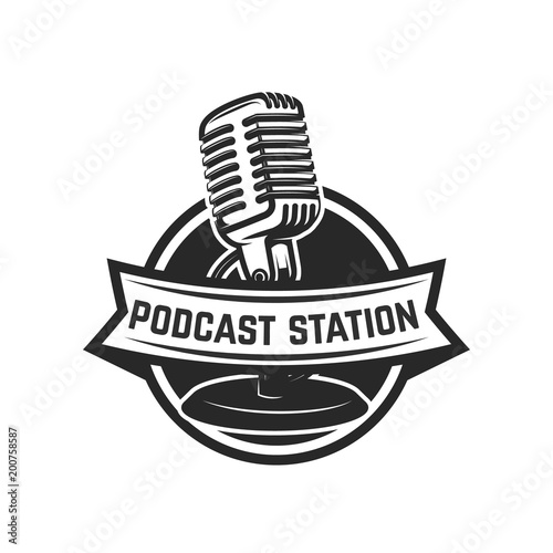 Podcast station. Emblem template with retro microphone. Design element for logo, label, emblem, sign.