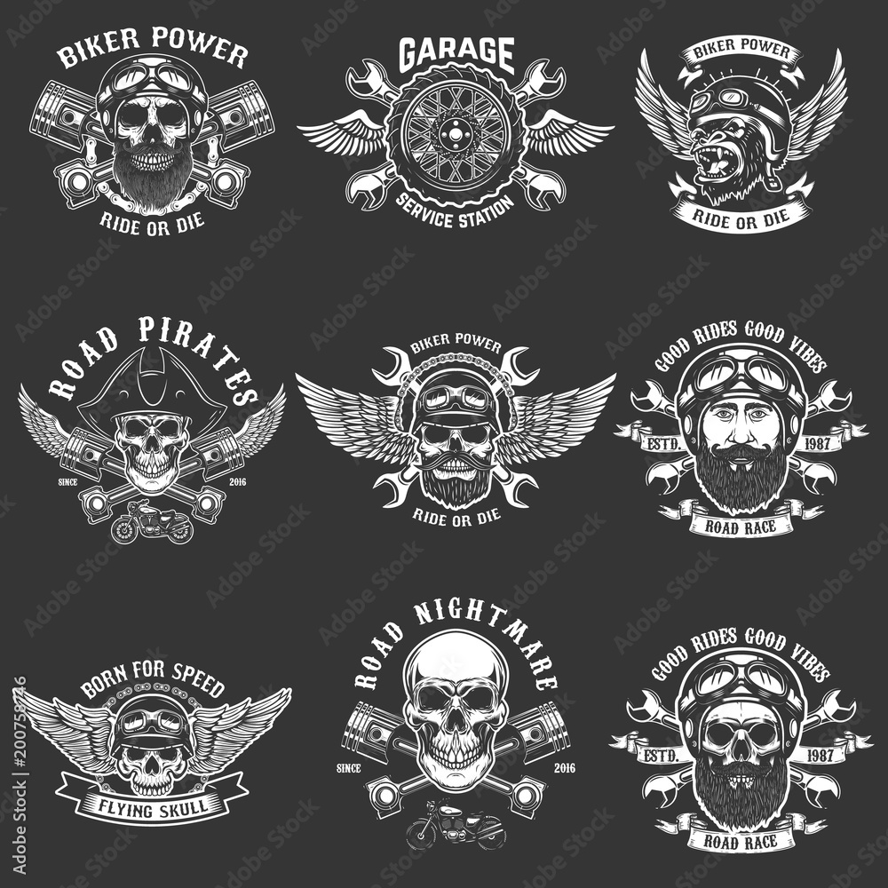 Fototapeta premium Set of biker club emblem templates. Vintage motorcycle labels. Design element for logo, label, emblem, sign.