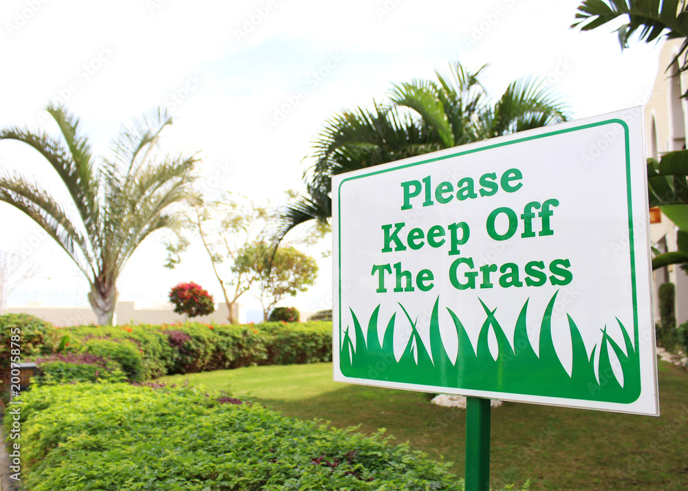 Fototapeta premium Please keep off the grass. The palms. Environment protection.