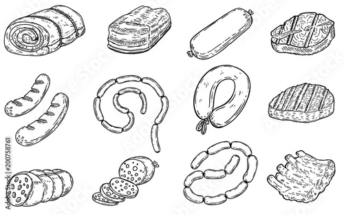 Set of hand drawn meat products illustrations.Sausages, bacon, lard, salmon, salami, steak, ribs. Design elements for poster, menu, flyer.