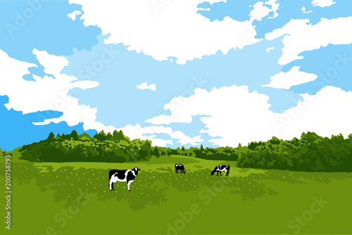Cows grazing on meadow, cow silhouette in field eating grass. Vector landscape of cows on pasture for farm store or market. Milk, dairy, farm product design element.