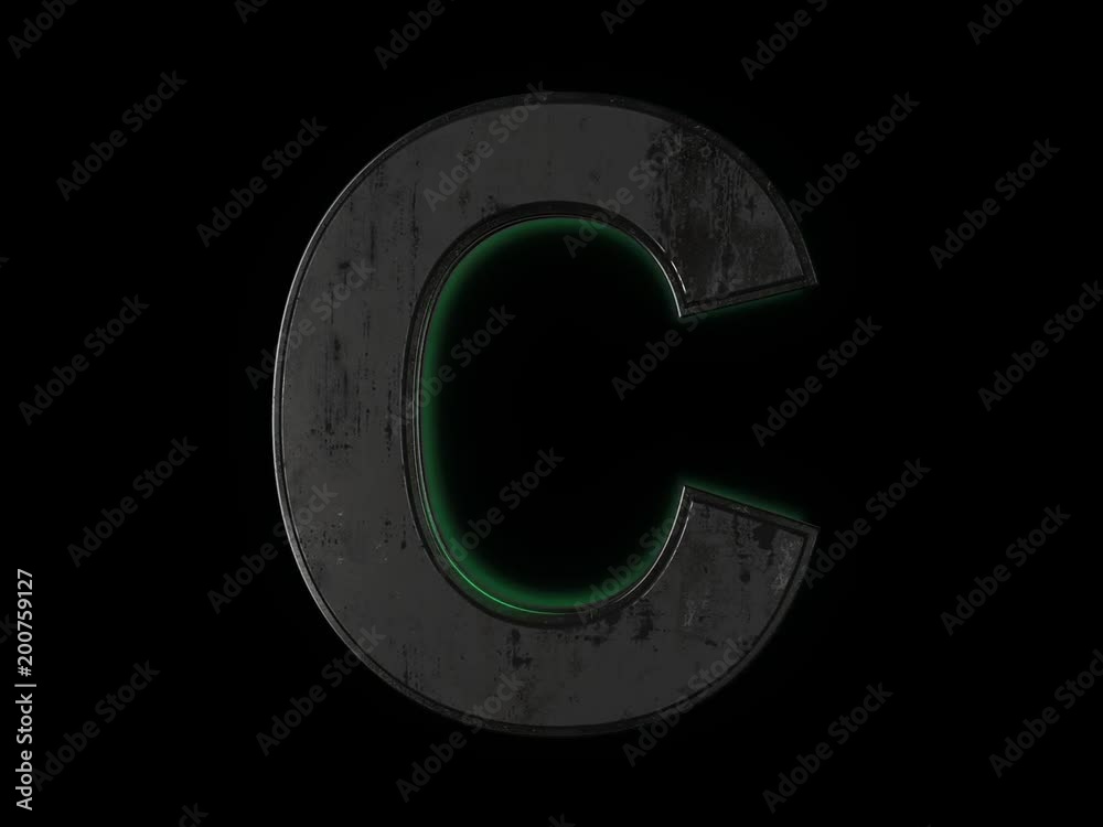Futuristic letter C - volumetric rusty metal letter with green light outline glowing in the dark 3D animation Futuristic letter C - volumetric rusty metal letter with green light outline glowing in the dark 3D animation