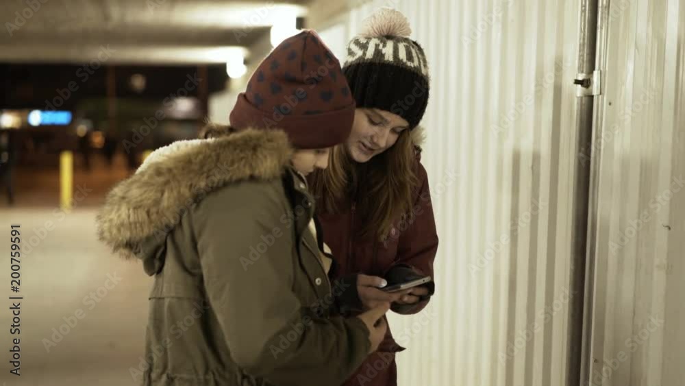 Teenage girls looking at smartphone, standing in the city at night
Teenage girls looking at smartphone, standing in the city at night