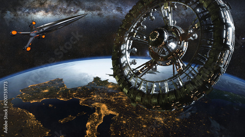 Canvas Print artificial gravity space station in orbit of planet Earth, spaceship over Europe