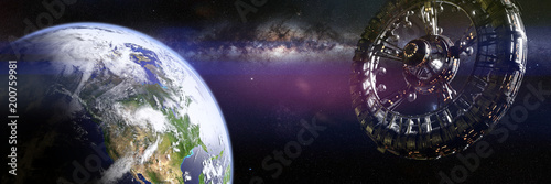 Obraz gigantyczna stacja kosmiczna na orbicie planety Ziemia (sztandar ilustracji science fiction 3d)