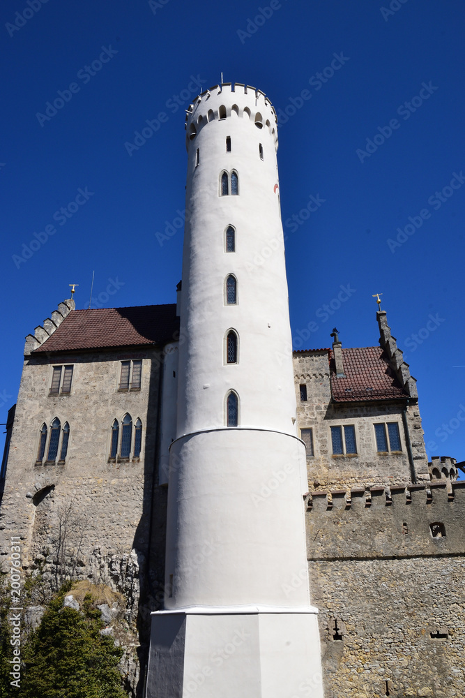Seitenansicht von Schloss Lichtenstein, Baden-Württemberg, Deutschland.