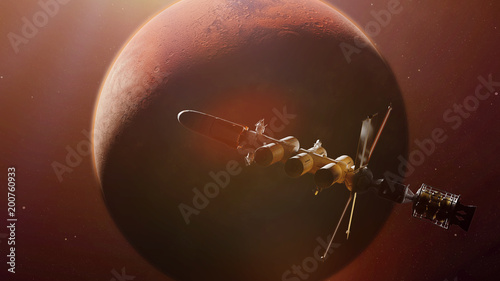 Fototapeta Naklejka Na Ścianę i Meble -  spaceship in orbit of planet Mars, mission to the red planet, solar system expedition (3d illustration)