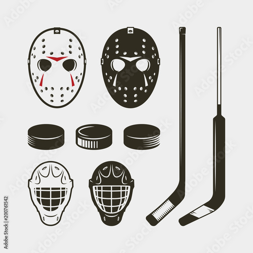 set of hockey equipment and gear. helmet, mask and puck. vector illustration