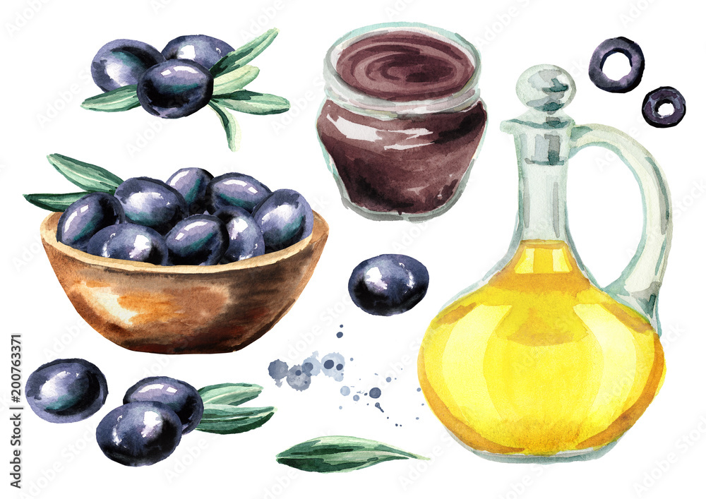Black sweet olives products set, isolated on white background. Watercolor hand drawn illustration Black sweet olives products set, isolated on white background. Watercolor hand drawn illustration