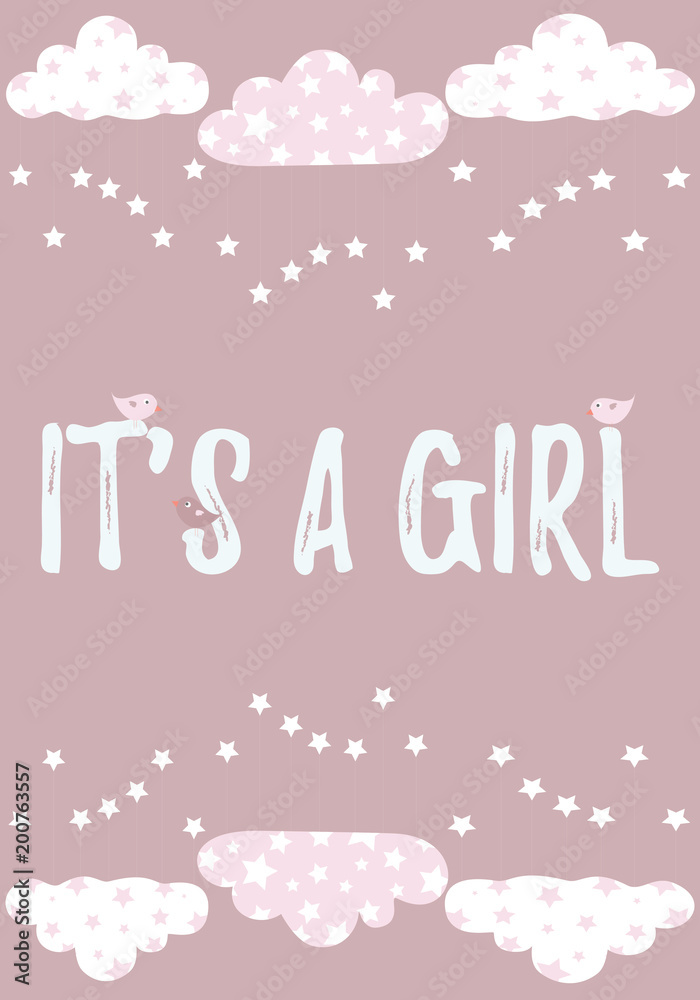 It's a girl card in pink with little birds vector illustration template on a background with clouds and stars