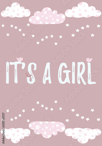 It s a girl card in pink with little birds vector illustration template on a background with clouds and stars