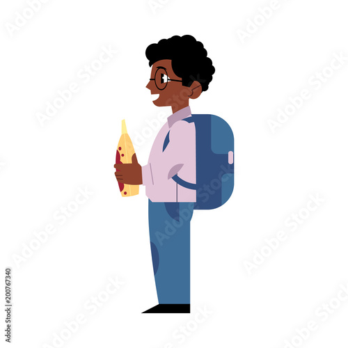 Schoolboy with backpack stands smiling and holds yellow bottle isolated on white background. Cartoon character of african school child with drink, side view. Vector illustration.
