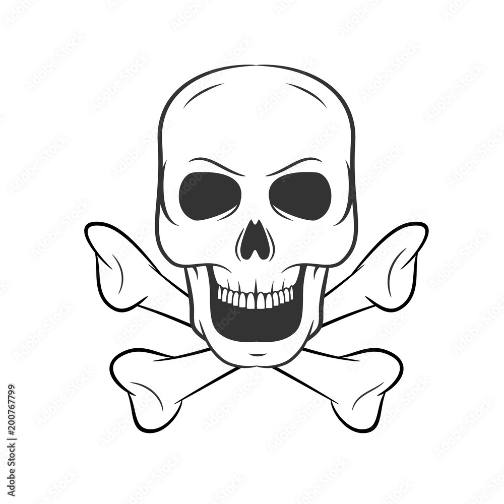 Hand drawn skull with bones. icon on white background Hand drawn skull with bones. icon on white background