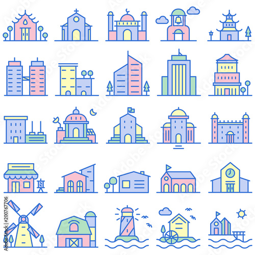 Building Icon set Government,Museum, Apartment, Bank, Built Structure, Church Icon