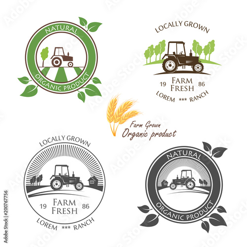 Fresh Farm Produce and logo tractor - vector illustration.