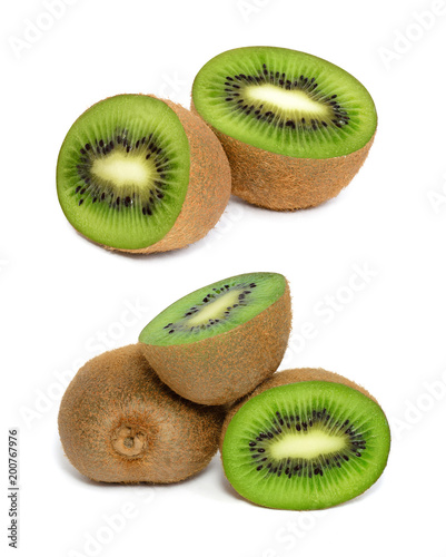 A set of kiwi isolated on white background. Two groups of ripe kiwi.