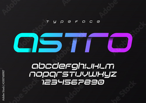 Plakat Astro futurystyczny design minimalistyczny czcionki, alfabet, krój pisma, litery i cyfry, typografia.