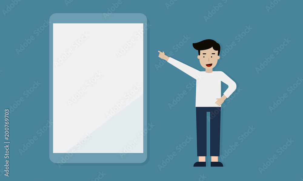 a man hand pointing on tablet, illustration flat design info graphic. a man hand pointing on tablet, illustration flat design info graphic.
