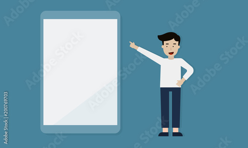 a man hand pointing on tablet, illustration flat design info graphic.