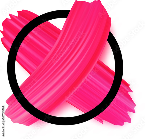 Pink cross of paint brush strokes on white.
