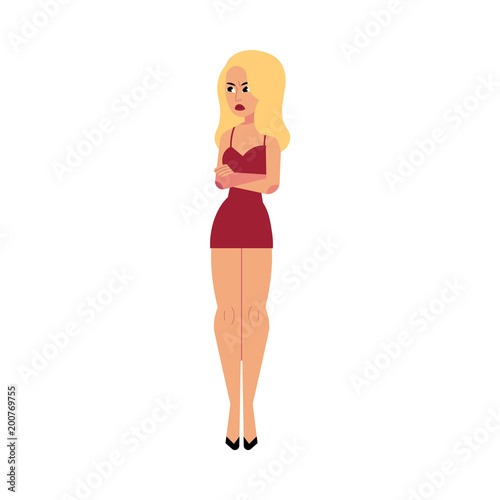 Contempt expression and negative feeling on face of young beautiful slim blond woman standing with crossed hands isolated on white background. Cartoon character vector illustration.