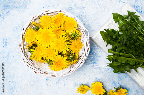 Fototapeta Naklejka Na Ścianę i Meble -  Dandelion flowers in wicker bowl top view