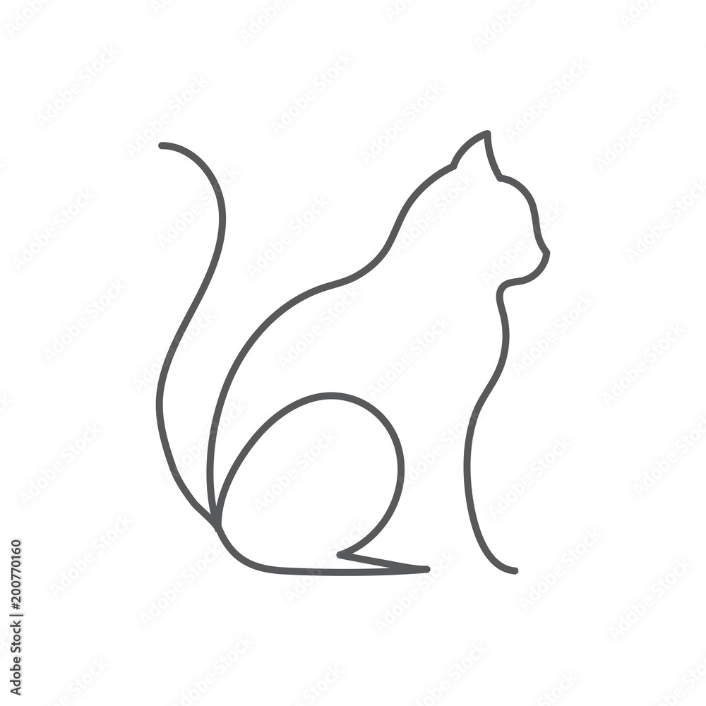 Naklejka premium Cat continuous line drawing - cute pet sits with raised tail side view isolated on white background.