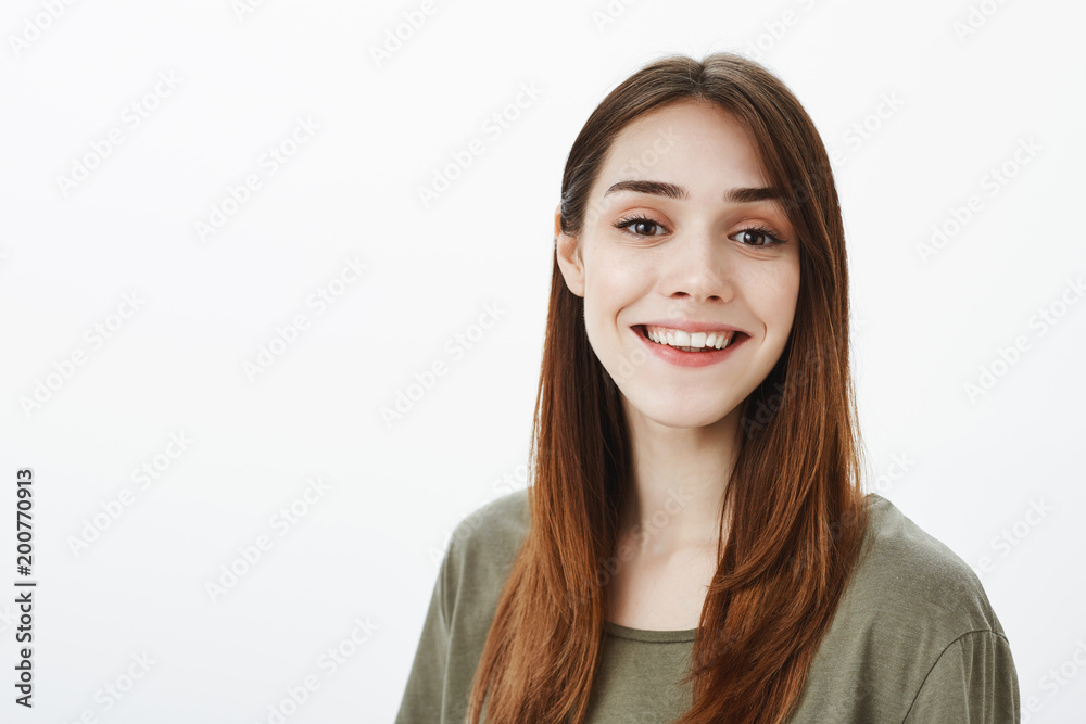 No time for sadness, live life to fullest. Positive good-looking caucasian girl with beautiful smile, grinning at camera, having dream, eager to become successful businesswoman after graduation No time for sadness, live life to fullest. Positive good-looking caucasian girl with beautiful smile, grinning at camera, having dream, eager to become successful businesswoman after graduation