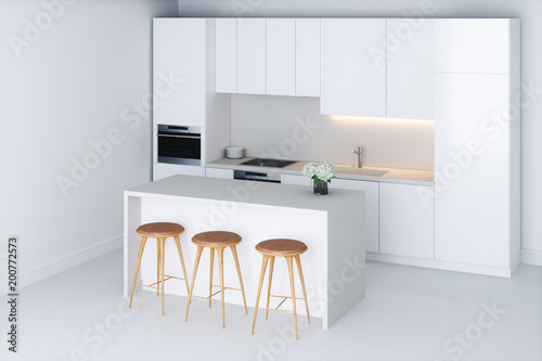 White minimalist kitchen in new room 3D render photo