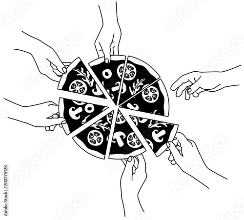 Pizza, Vector Illustration from people eating pizza, hands grabbing piece of pizza, party, clip art, cartoon black and white.