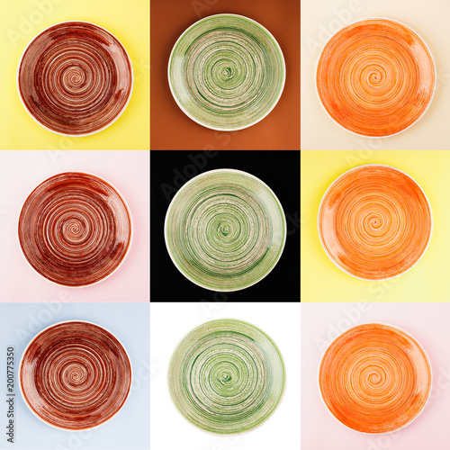 Collage from different colored round ceramic plates with spiral pattern