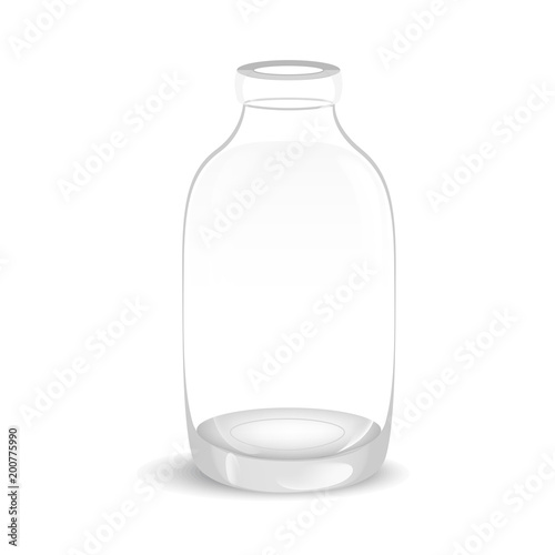 Template of empty tall transparent glass bottle, filled with distilled water or salt solution. Packaging collection. Vector illustration.