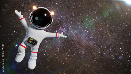 cute white cartoon astronaut character floating in space in front of the star...