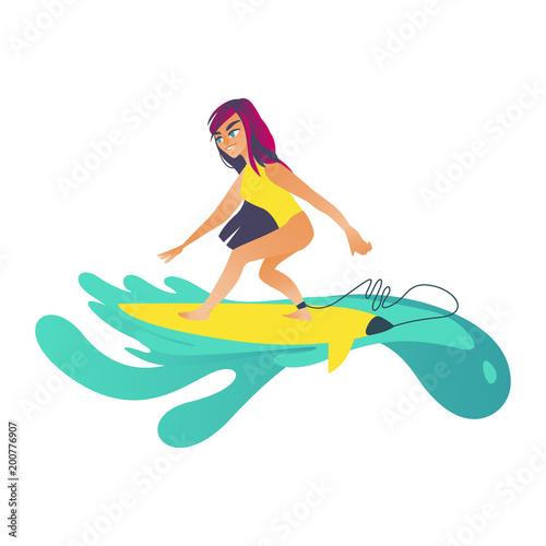 Summertime sea and ocean activity - young girl in swimsuit riding wave on surfboard isolated on white background. Cartoon female character surfboarding in blue water. Vector illustration.