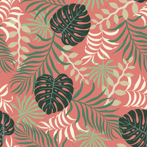 Tropical background with palm leaves. Seamless floral pattern. Summer vector illustration