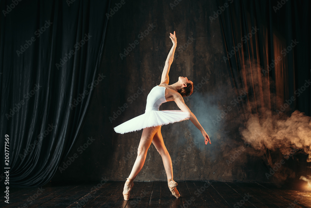 Obraz premium Balerina w białej sukni tańczy w klasie baletu