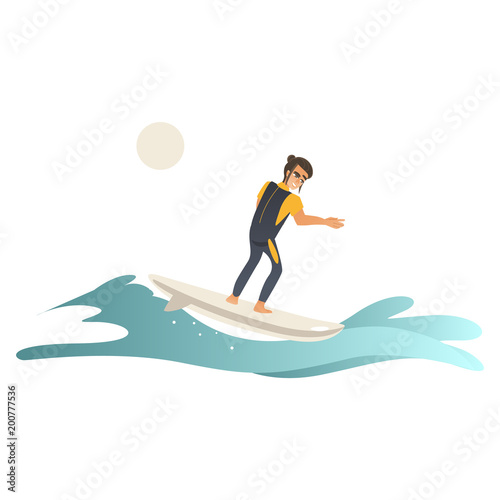 Summertime sea and ocean activity - young man in swimwear riding wave on surfboard isolated on white background. Cartoon male character surfboarding in blue water, vector illustration.