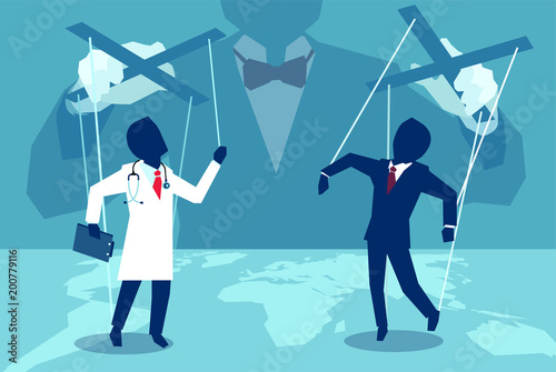 Flat style illustration of a person manipulating doctor and insurance agent behind the scenes.